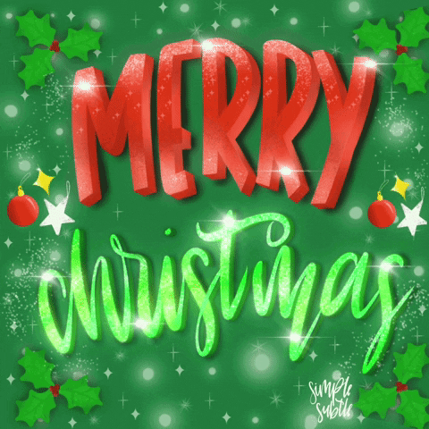 Text gif. Holly and ornaments, sparkles and snow surround the text, "Merry Christmas." Snow blows past as the text lights up with Christmas lights at the end. 