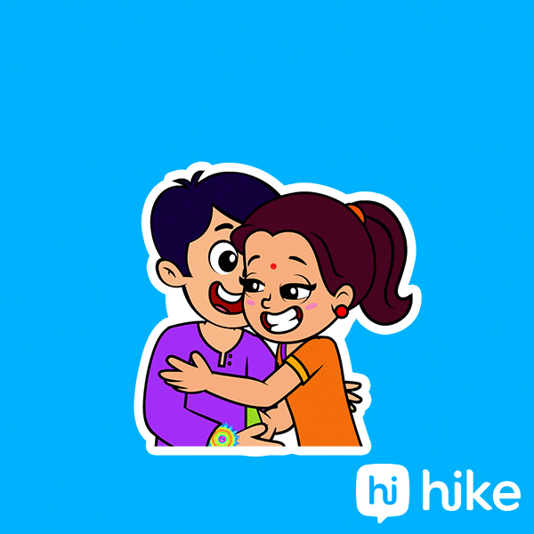 Illustrated gif. An Indian pair of siblings exchange gifts, the sister giving the brother a bracelet and the brother giving her a wrapped present. They hug. Text, "Happy Raksha Bandhan!"