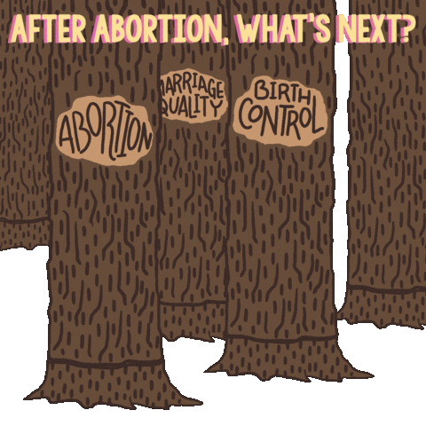 Digital art gif. Beneath the text, “After abortion, what’s next?” five trees tip over and fall, leaving only stumps behind against a white background. Three of the falling trees are labeled, “Abortion,” “Birth Control,” “Marriage Equality.”