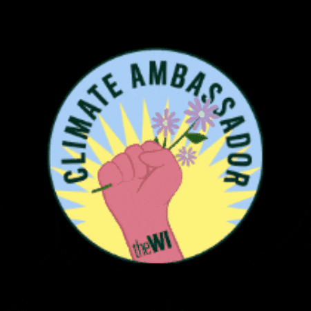 Digital art gif. Inside a blue circle, a pink fist clutches onto a bouquet of three light purple daisies. Green text reads, "Climate Ambassador."