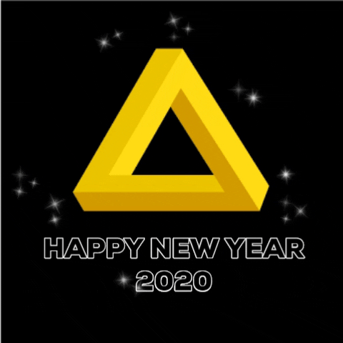 Digital art gif. A yellow infinity triangle sits on a solid black background, surrounded by sparkles. Text, "Happy New Year 2020", with an image of a shooting star below it.