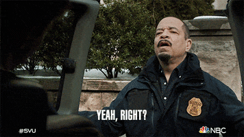 TV gif. Ice Cube as Fin on Law and Order SVU looks sternly before shutting the double doors of a vehicle and says, "yeah, right?" which appears as text.