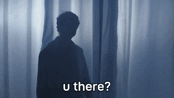 Sponsored gif. Michael Cera is dramatically wandering through a room draped with silky, transparent blue fabric and his silhouette flashes through the light as he gets closer and closer. Text, "u there?"