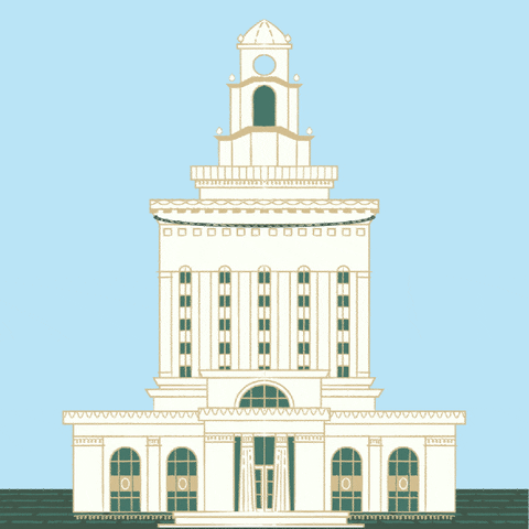 Digital art gif. Illustration of a large banner unfurling from the top of Oakland City Hall. The banner says, "By the people of Oakland, for the people of Oakland," in large capital letters, everything set against a light blue background.