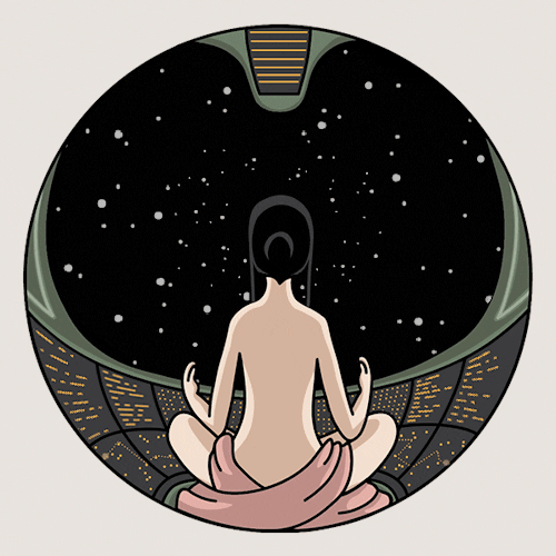 A animated gif depicting a person sitting in meditation with the universe all around her.