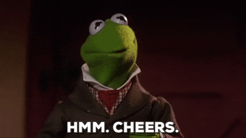 Gif s loutkou v podobě žáby s nápisem "Hmm. Cheers.".