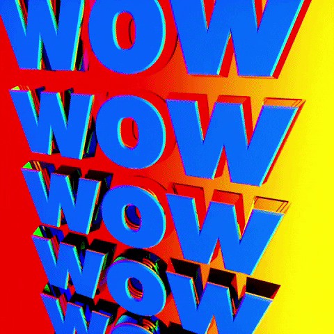 Text gif. Spinning 3D renderings of the word "wow", moving vertically and repeating endlessly over a scrolling rainbow background.