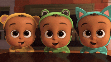 Movie gif. Triplets in Boss Baby look up with wide-eyed anticipation before shrinking close together with sad faces.