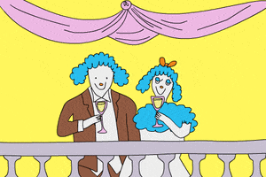 Illustrated gif. Sebastian the Dog clinks his champagne glass with a fancy lady dog.
