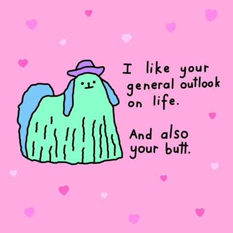 Digital art gif. Green dog with a purple cowboy hat on is smiling at us with pink hearts all around it. Text, "I like your general outlook on life. And also, your butt."