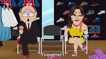 South Park gif. Kaitlyn Jenner and Mr. Herbert Garrison eat ice cream in Footlocker, awkwardly sitting with one open chair in between them. Mr. Garrison says, "Oh, god. I love you, Cait. We are gonna win so many primaries." They laugh together.