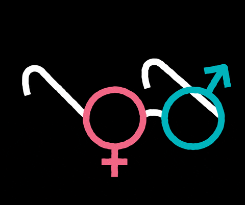 An animated gif illustration showing a pair of glasses where the lens circles are the circles from the male and female symbols, the ends of which point out to opposite sides, and then they swing together in the middle to form the nose bridge of the glasses. When they are pointing apart, they are pink and blue and turn purple in the middle.