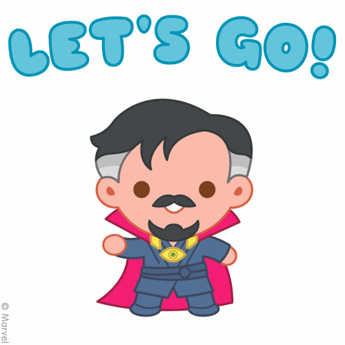 Illustrated gif. Chibi-like version of Benedict Cumberbatch as Doctor Strange whirling his arm in a circle, creating a portal that makes him disappear. Text, "Let's go!"