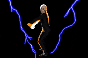 Video gif. Person in a skeleton costume and mask looks at us and shakes their butt and moves their arms in front of their chest. Lightning strikes on either side of them. Text, “Putting the boo in the booty.”