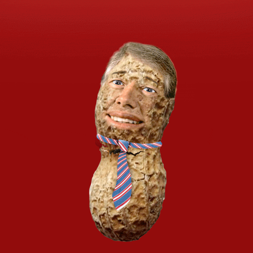 Digital art gif. Jimmy Carter is edited on top of a peanut. He shakes his head vigorously and his head pops off but another keeps regrowing, all with different ties and patterns.