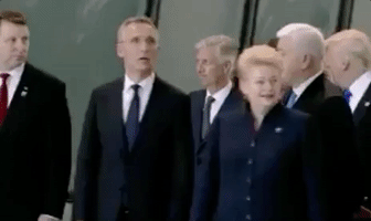 Political gif. Donald Trump arrives at a NATO convention and is walking with a crowd of foreign ministers. Trump lays a heavy hand on one of the ministers in the front to rudely push them aside, so that he can stand in the front of the crowd. He adjust his lapels once he's gotten to the front, proud of his achievement. 