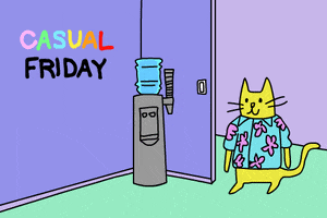 Cartoon gif. Yellow cat in a Hawaiian shirt wags its tail and smiles while standing next to a water cooler. Text, "Casual Friday."
