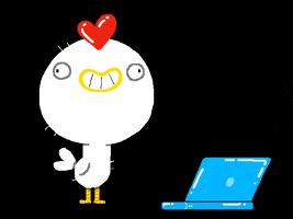 Cartoon gif. A chicken with a massive head smashes his head over and over into an open laptop.