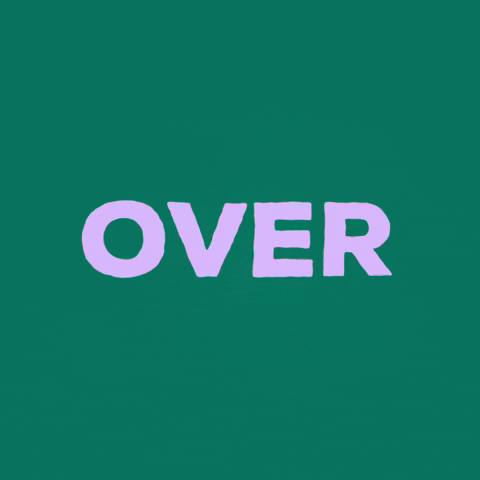 Text gif. On a dark green background, the lavender word "over" jumps and morphs into the orange word "this" before it morphs back into the word "over."
