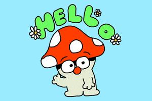 Illustrated gif. A red-topped mushroom looking to the right and waving its hand. Green bubble text with daisies says, "Hello."