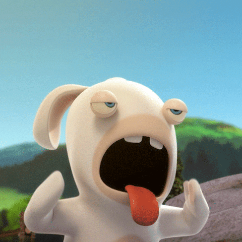 Video game gif. A Rabbid from the game Mario and the Rabbids stands outside rapidly waving his arms to cool himself down. His large mouth is open with his tongue rolled out like he’s panting. He’s dying from the heat and exhausted by it.