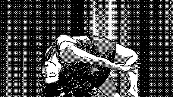 Music video gif. From Plurabelle's "Our Fires," black-and-white illustration with comic book halftone shading shows a seemingly lifeless woman levitating upward with her hair and limbs dangling.