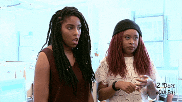 Celebrity gif. Jessica Williams and Phoebe Robinson of 2 Dope Queens podcast nod decisively while saying “yup, mmmhm.”