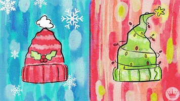 Digital art gif. Splitscreen of three sets of Christmas illustrations. The first is a red knitted Christmas sweater with a Christmas tree next to a green knitted Christmas sweater with a stocking and a Santa sleigh. The second is a red and pink striped knitted hat next to a green knitted hat draped in Christmas lights. The third is a red-striped stocking featuring snowmen next to a skinny green stocking with a single snowman.