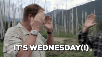 Video gif. Two men look overjoyed and slightly shocked as they come together and clasp hands, cheering at their success. Text, "It's Wednesday (!)"