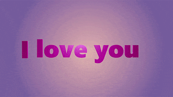 Text gif. Against a purple and pink background, the words "I love you," flip into place letter by letter, followed by a burst of two yellow hearts.