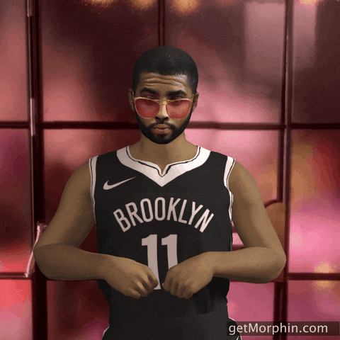 Sports gif. Animated version of basketball player Kyrie Irving wearing his Brooklyn Nets jersey and red tinted glasses swooshes his hips and throws confetti all around like he's celebrating. 