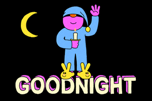 Illustrated gif. Pink cartoon man wears pajamas with a nightcap over his eyes and bunny slippers on his feet. He yawns and waves beneath a crescent moon. Text, "Goodnight."