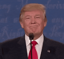 Political gif. A smug Donald Trump stands in front of a microphone, lifting his chin and nodding slightly.