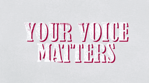 Animated GIF: abstract illustrations of 8 people with text "Your Voice Matters"