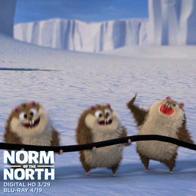 Cartoon gif. In a clip from Norm of the North, a group of lemmings pick up an electrical wire. They all bite it at the same time, get shocked, and fall backwards onto the ice.