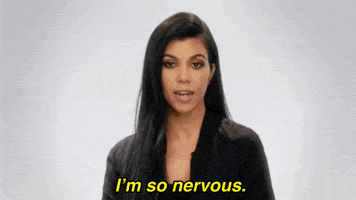 Reality TV gif. Kourtney Kardashian in Keeping Up With the Kardashians glances to the side then looks ahead. Text, "I'm so nervous."