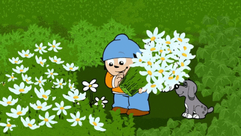 Kreslené gif přání k svátku dětem s chlapcem trhajícím květiny na louce a sedícím pejskem.