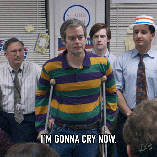 TV gif. Bill Hader as Clark on Documentary Now steps forward on crutches in a room with others and looks solemn as he says, "I'm gonna cry now. It's gonna be a weird cry."