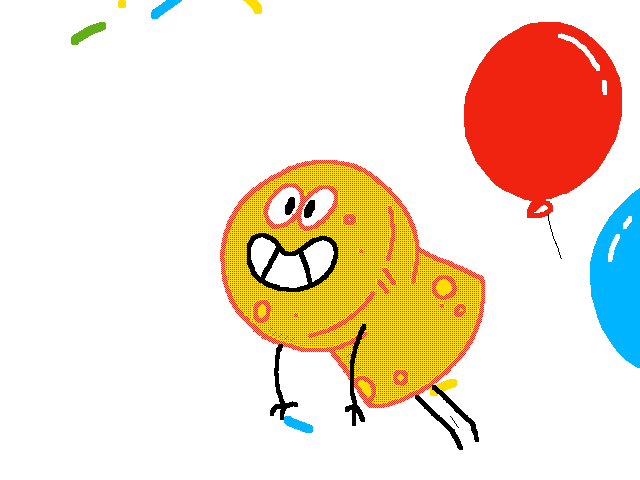 Kreslená pohyblivá animace s vystřelujícím špuntem z láhve šampaňského a poletujícími barevnými nafukovacími balónky.