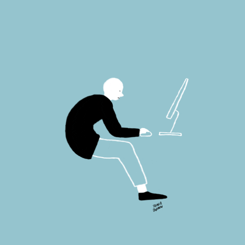Illustrated gif. Figure slouches while working at a computer, and then a huge finger enters the frame and presses on the figure's back to adjust its posture.