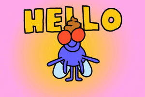 Illustrated gif. Periwinkle colored winged insect with red bug eyes flaps its front legs wildly. Text, "Hello."