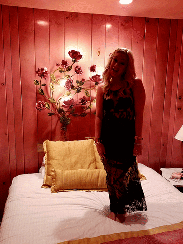 onceuponadollhouse birthday black dress jumping on the bed pink room GIF
