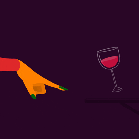 Digital art gif. Hand with green nails points to and levitates a glass of wine off of a tray.