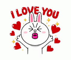 Illustrated gif. A white bunny jumps around, making cute faces, as red hearts pop up around it. Text, "I love you."