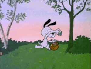 Gif of Snoopy frolicking in a garden throwing chocolate eggs out of an Easter basket