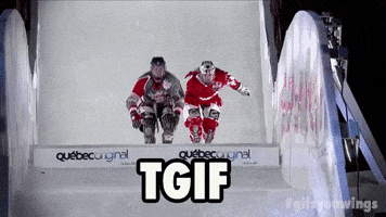 Sports gif. Two ice hockey players are skating down a slope and do a big jump, tucking both legs under their butt. The text below reads, "TGIF."
