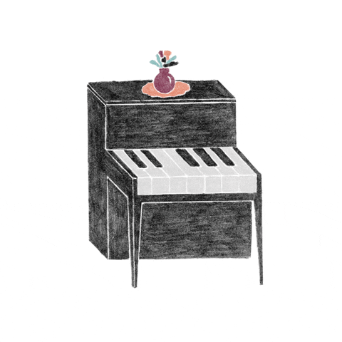 An animated gif illustration showing a small, black upright piano (it has one octave worth of keys). The piano appears to be playing itself. It is in empty white space.