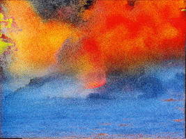 Cartoon gif. Animated colors that look like a painting or a pastel drawing move. It looks like fire or lava coming from an island, while water moves calmly past it. 