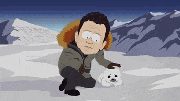 South Park gif. BP CEO Tony Hayward in an Arctic landscape, kneeling in the snow petting a baby Harp seal, as he looks at us and says, "We're sorry."