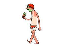 Cartoon gif. Sunburned man in a Speedo wearing goggles on his forehead walks slowly as the green ice cream cone in his hand melts and drips to the ground.